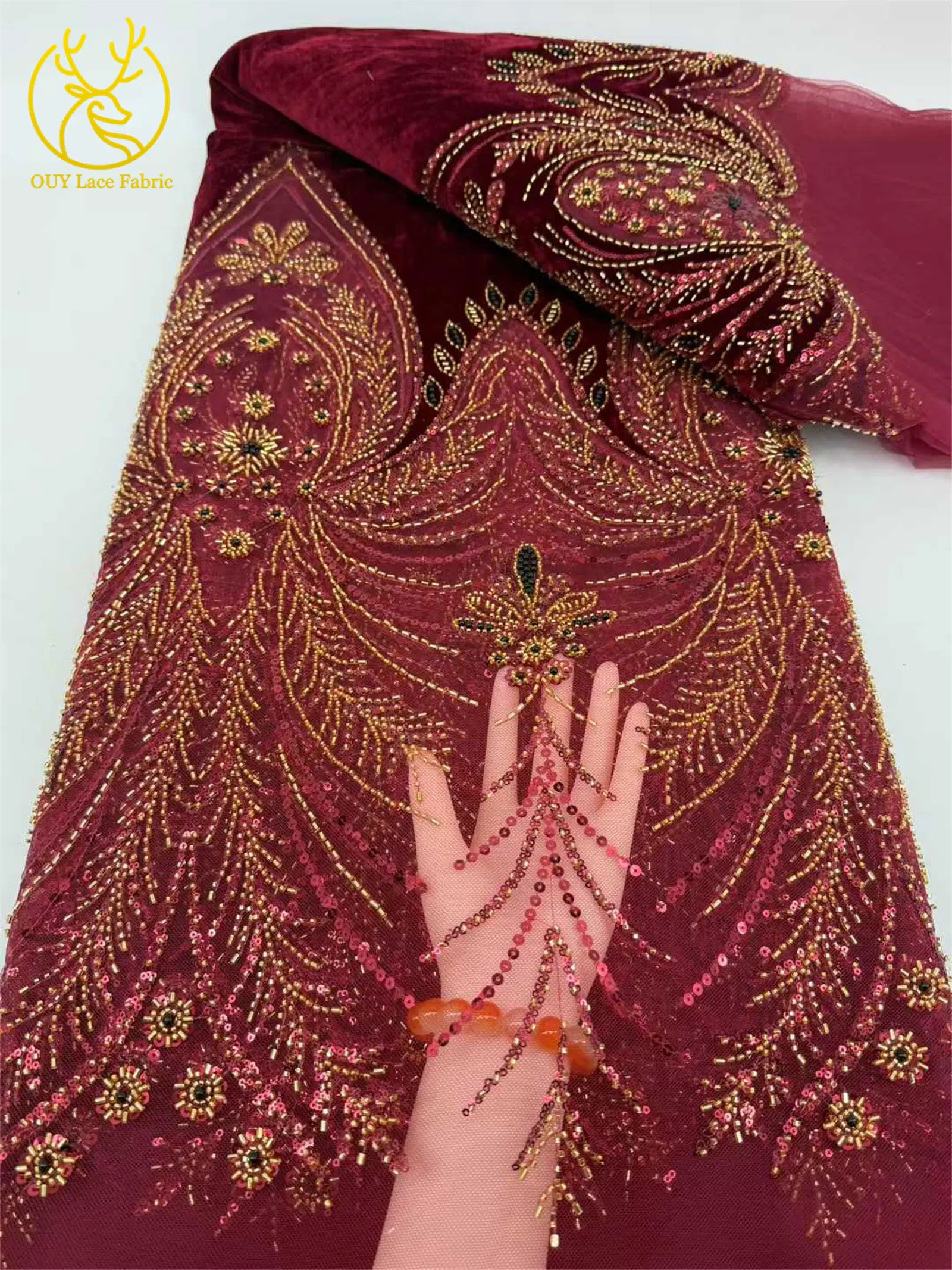 Luxuriöser afrikanischer Samt mit Perlen und Pailletten, Spitzenstoff, 2026, grüner Bräutigam-Stickstoff, französisches Damen-Party-Abendkleid – Detail 10