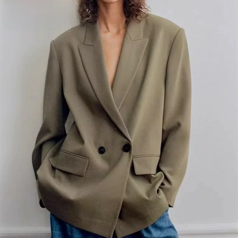 

Spring New Women's Simple Match Long Sve Double Breasted Loose Large Double Breasted Suit Jaet Commute Sle Regular Length