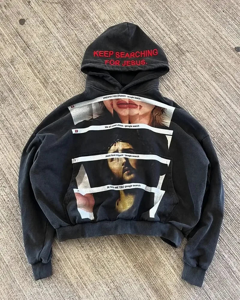 

2025 New American Trendy Gothic Pattern Printed Oversized Hoodie Women's Retro Harajuku Loose Hoodie Long Sleeve Hoodie
