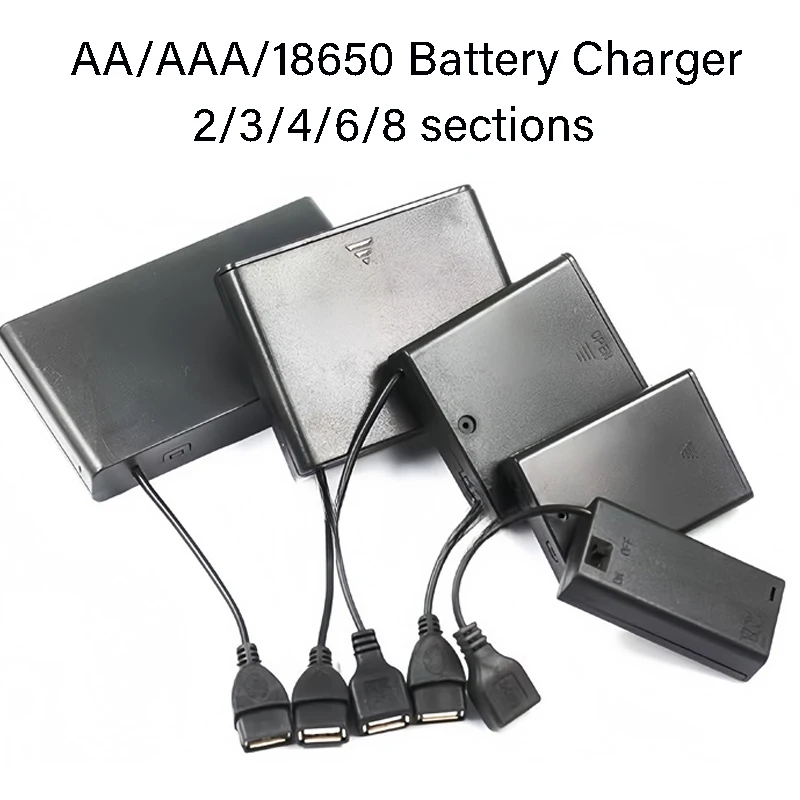 1PCS Portable AA/AAA/18650 USB Direct Charging Case 2/3/4/6/8 Sections USB Battery Charger Box With Lid And Switch Female USB