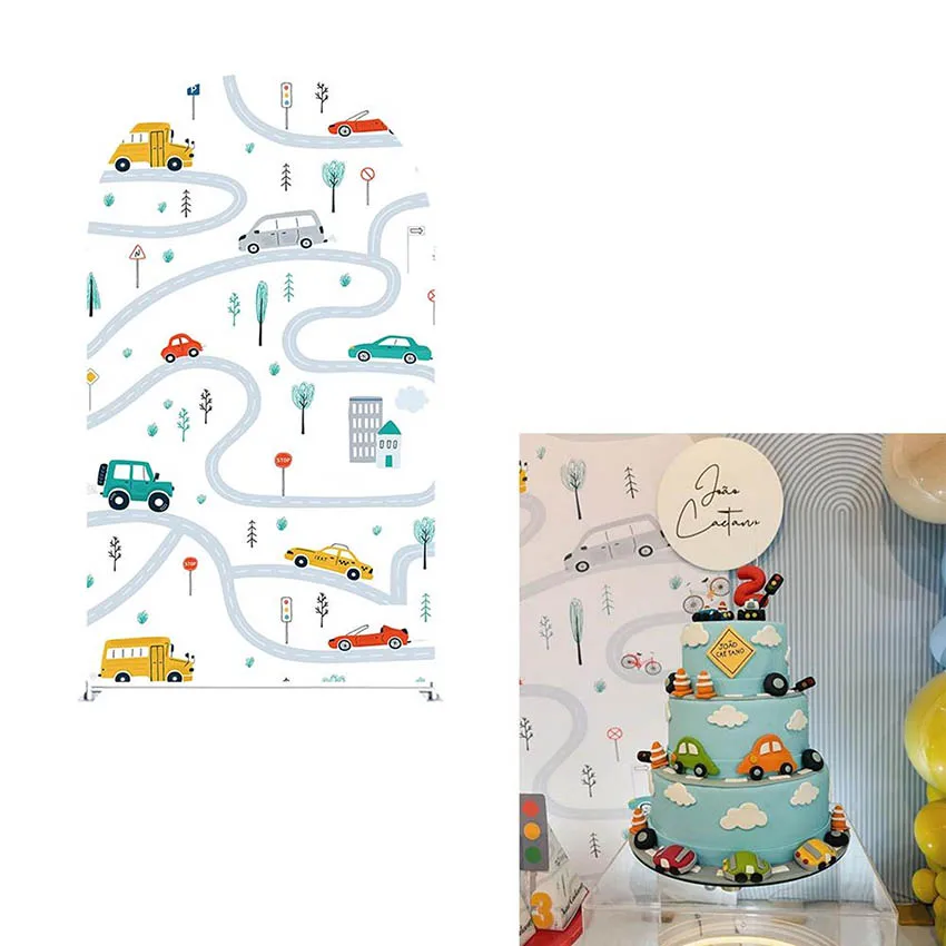 Mehofond مخصص 2-الجانب الكرتون سيارة موضوع النقل بنين حفلة عيد ميلاد استحمام الطفل يغطي كيارا قوس ديكور خلفية الصورة