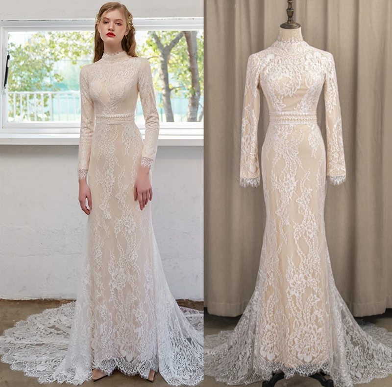 4198# 100% Real Photos 2021 Arabic High Neck Mermaid Vintage Bohemian Long Sleeves Lace  Wedding Gowns Bride Dresses customized