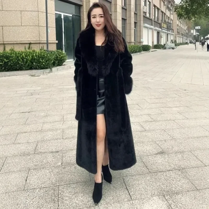 معطف نسائي من الفرو الصناعي مع حزام معطف كاجوال بنقشة الفهد موضة ملابس نسائية دافئة تقليد الثعلب بياقة كبيرة من الفرو سترات طويلة #4