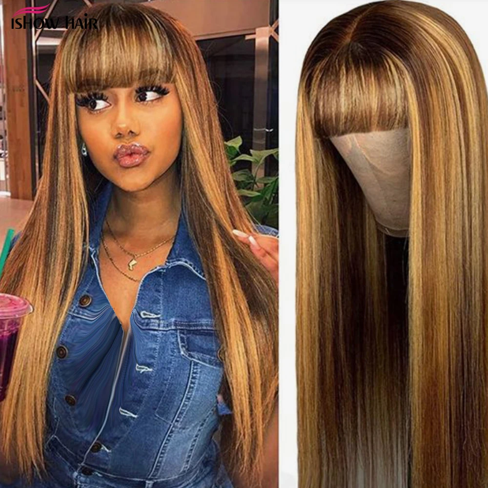 Ishow Highlight Wig With Bangs Bone Straight Human Hair Wigs For Women Brazilian Remy Full Machine Made Wigs With Fringe