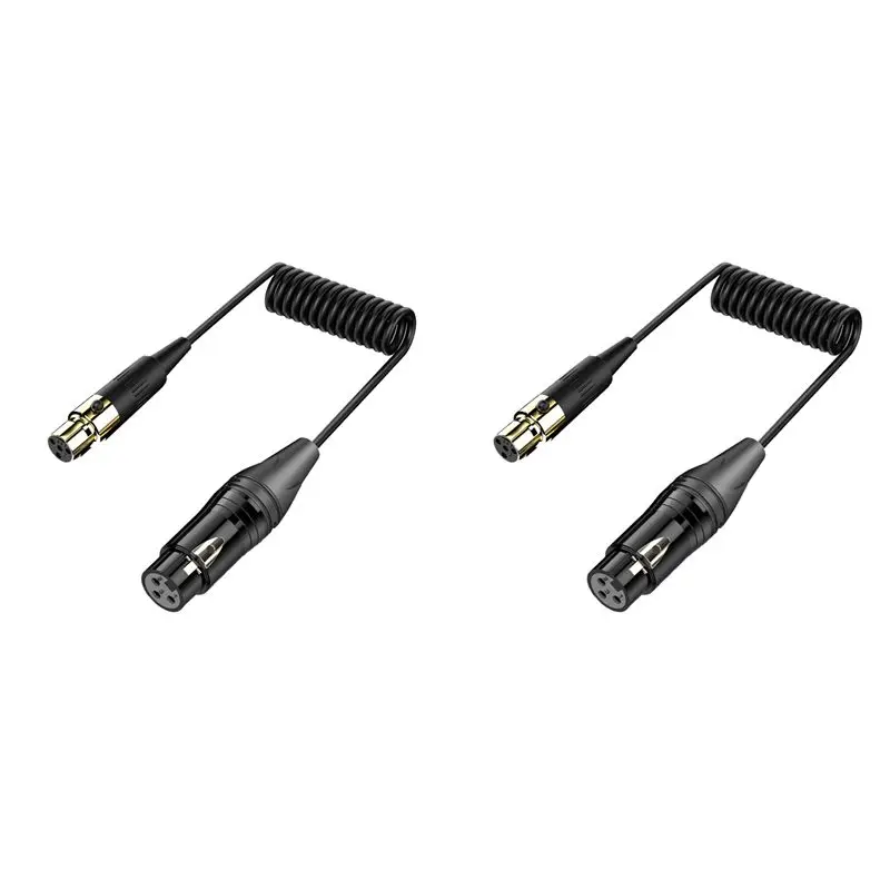 DT51 2X XLR 3Pin Female to Mini XLR 4Pin Female Audio Cable, Coiled, for Mixer Microphone Camera, 0.5m