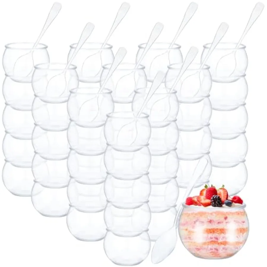 

100 Pcs 2 oz Mini Dessert Cups with Spoons, Sphere Plastic Fish Cup Disposable Round Plastic Bowl Small Clear Parfait Bowl for