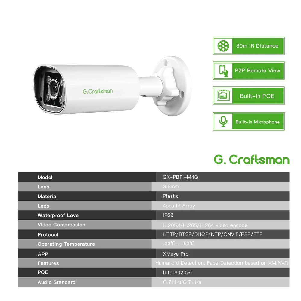C GC PB 4MP POE, microfono incorporato, rilevamento movimento/viso, ONVIF, sicurezza CCTV IR, sorveglianza, casa/affari
