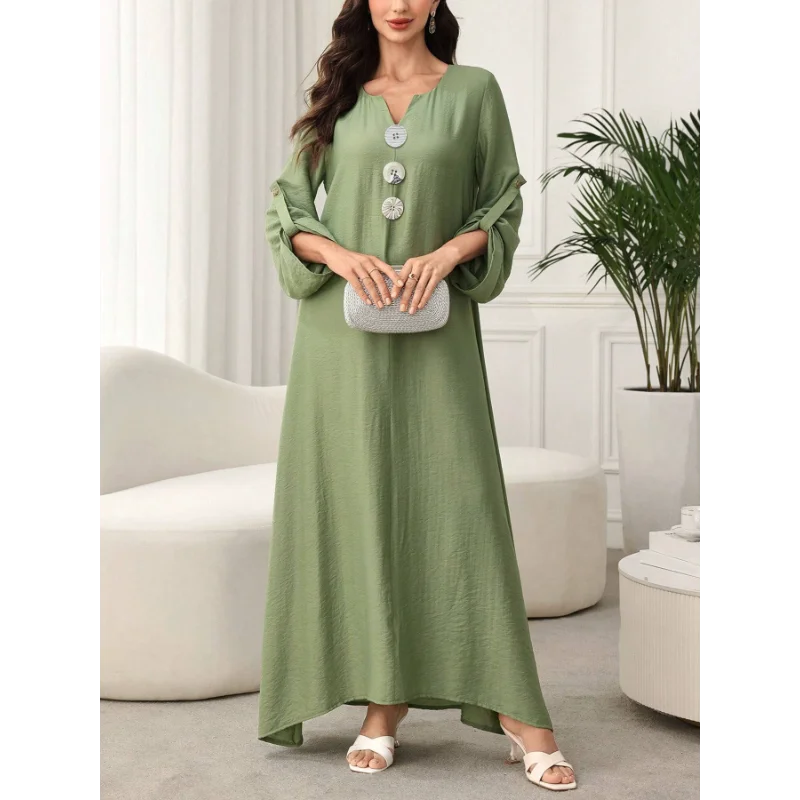 فستان نسائي كاجوال جديد فضفاض برقبة على شكل حرف V مريح بلون سادة وأكمام طويلة