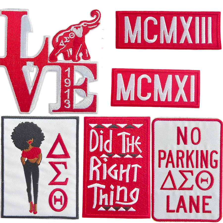 Embroidered OO-OOP Delta Sigma Theta Red Greek Letters Elephant Superman Designs for T-Shirts Totes Pillows Sneakers Bags