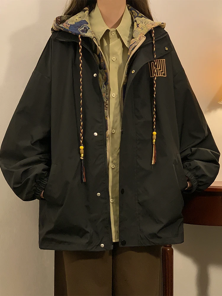 

Loose Casual Men's Jaet Fake Two-Piece Spring Autumn Color Blo Contrast Street Sle Hooded Zipper Long Sve Windproof