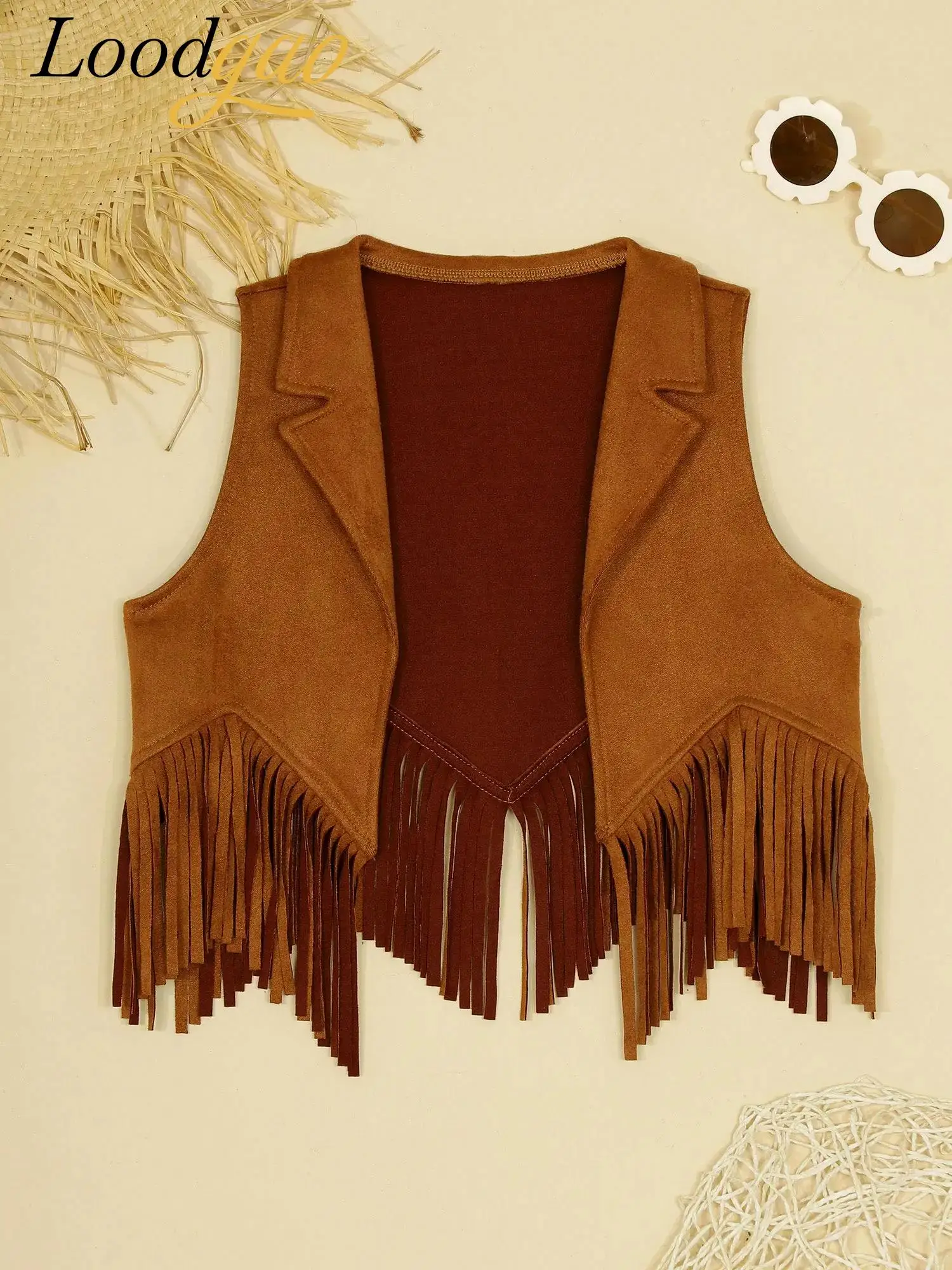 

Girl Western Cowgirl Cowboy Fringe Vest Cosplay Costume Fancy Dress Up Suede Tassels Waistcoat Halloween Party Role Play Tops