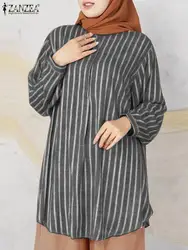 ZANZEA Casual Women Tops Vintage Long Sleeve Striped Blouse Fashion Autumn Muslim Abaya Blusas Para Mujer Islamic Party Shirt