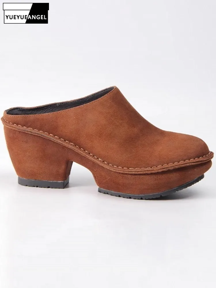 

Винтажные женские шлепанцы из натуральной кожи на толстой платформе и высоком каблуке, шлепанцы с закрытым носком, новая элегантная женская рабочая обувь ручной работы