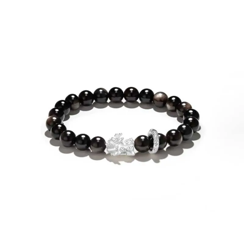 Sterling Silver Fortune Pixiu Bracelets Pair Natural Strawberry Crystal Beaded Bracelets for Couples Lucky Gifts