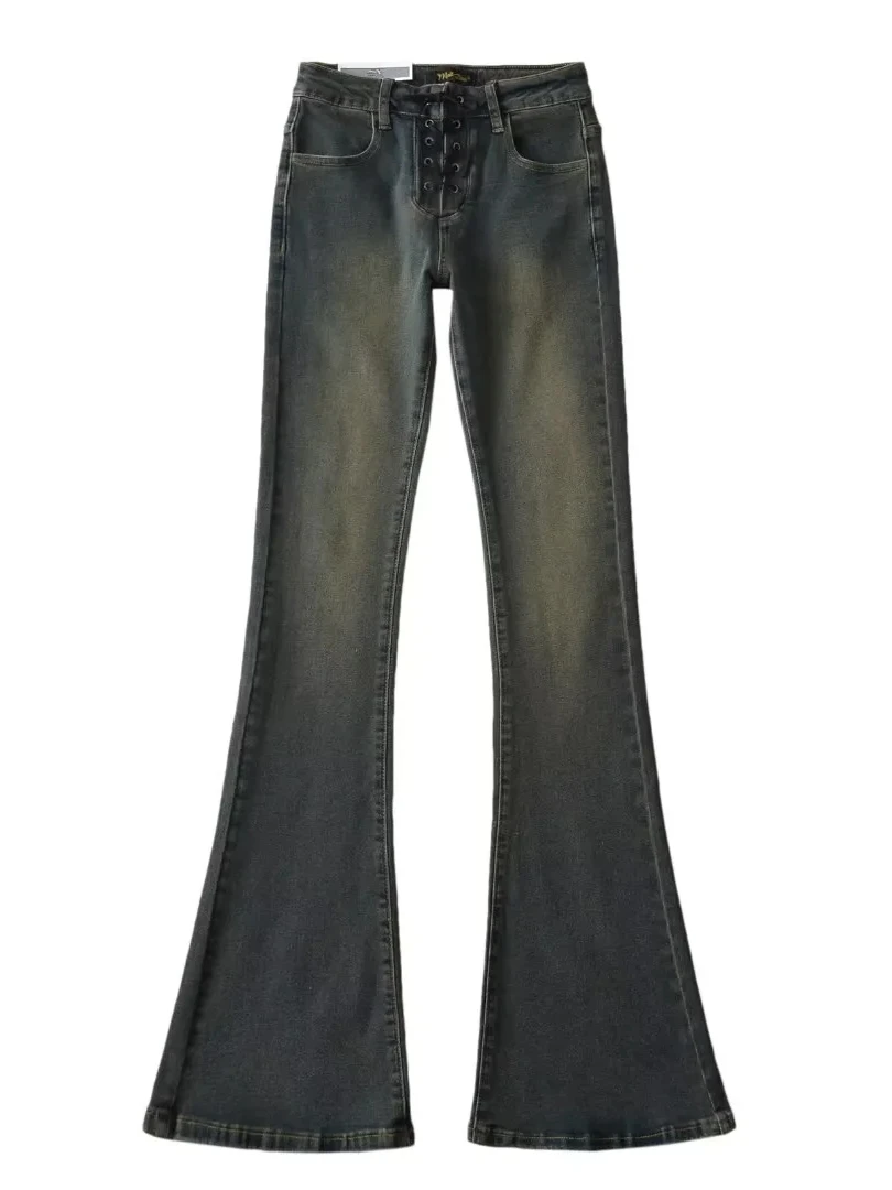 

Джинсовые брюки с низкой талией в стиле ретро, женские расклешенные длинные брюки с поясом, утягивающие брюки-колокольчик для осенних дам