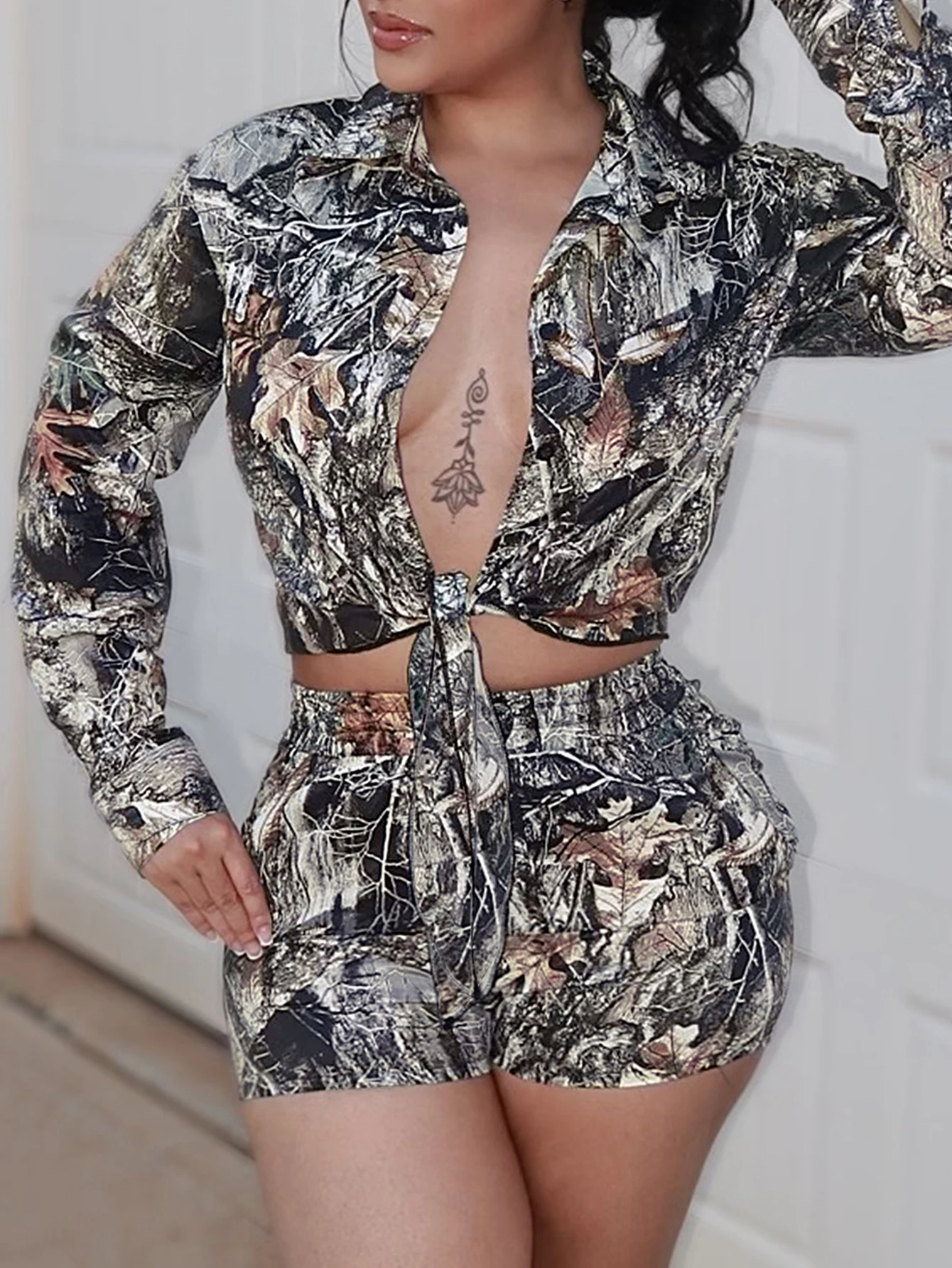 

LW women's matching suit casual shorts sets summer Turndown Collar Plant Mixed Print Top + Shorts Set Fashion Two pieces sets