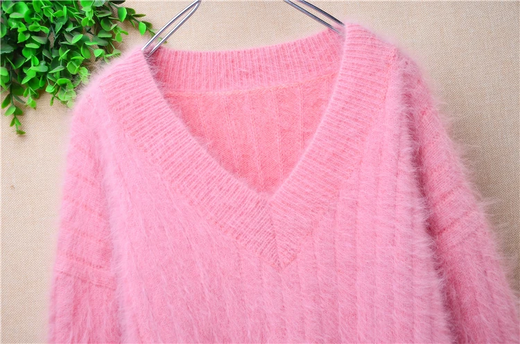 Women Mujer Autumn Winter Clothing Sweet Pink Hairy Angora Rabbit Hair Knitted V-Neck Long Sleeves Slim Blouses Pullover Sweater