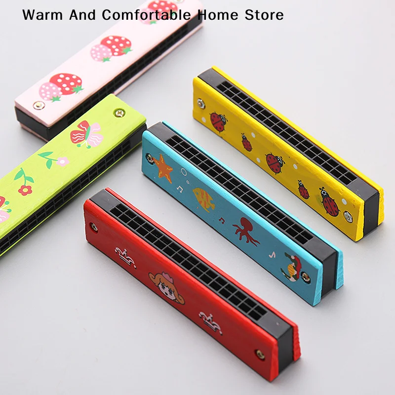 Wooden Harmonica for Children Toys Musical Instruments 16 Holes Double-Row Blow Cartoon Color Woodwind Mouth Harmonica Melodica