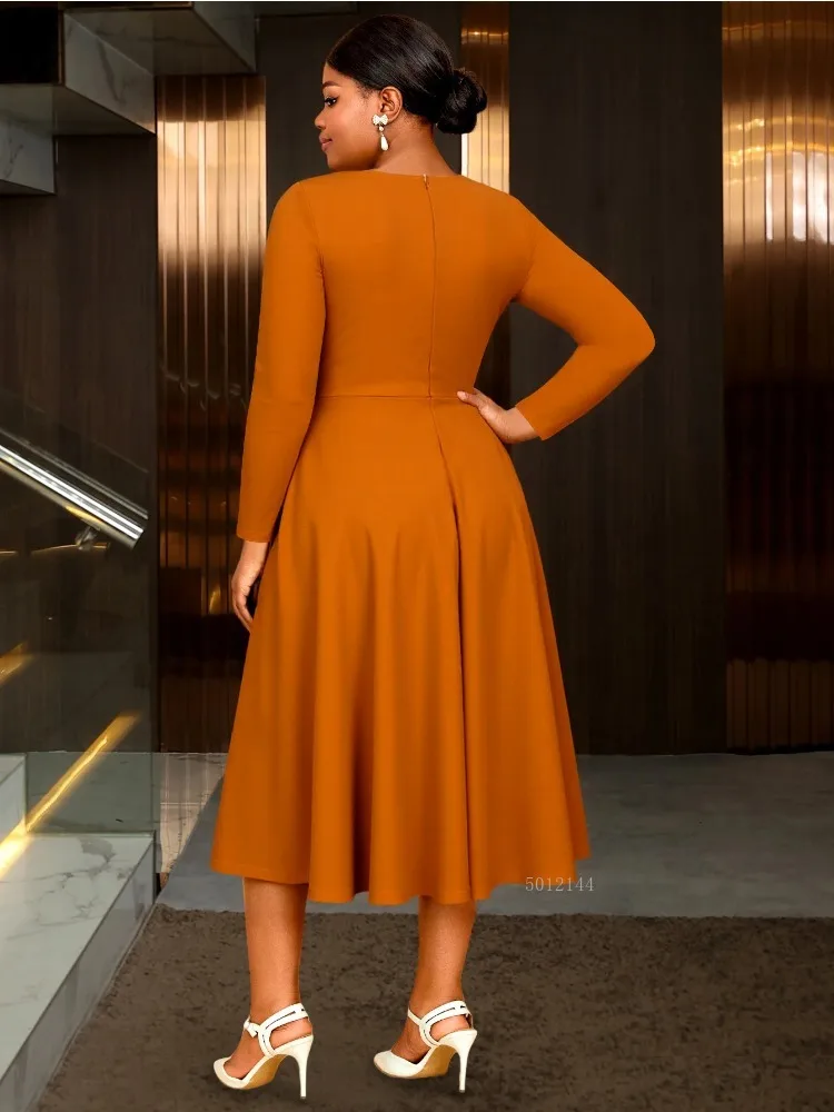 أنيقة ألف خط فساتين متوسطة الطول للنساء السفينة طوق طويلة الأكمام مطوي الماس الخصر زخرفة حفلة الكنيسة مكتب سيدة العباءات جديد