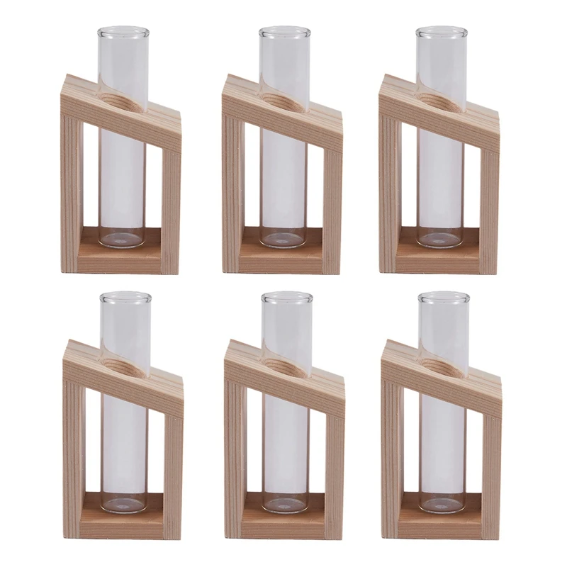 6X Crystal Glass Test Tube Vase In Wooden Stand Flower Pots For Hydroponic Plants Home Garden Decoration