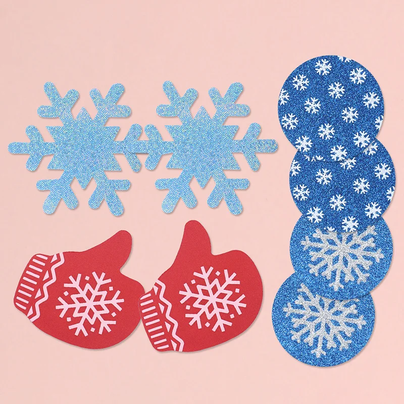 

Christmas Snowflake Nipple Covers for Women – Disposable Glitter Pasties in Snowflake & Glove Shapes, Holiday Bra Stickers Girls