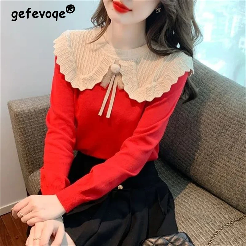 

2024 Spring Autumn Women Trendy Sweet Chic Kawaii Patchwork Knitwears Female Casual O Neck Long Sleeve Pullover Tops Y2K Jumpers