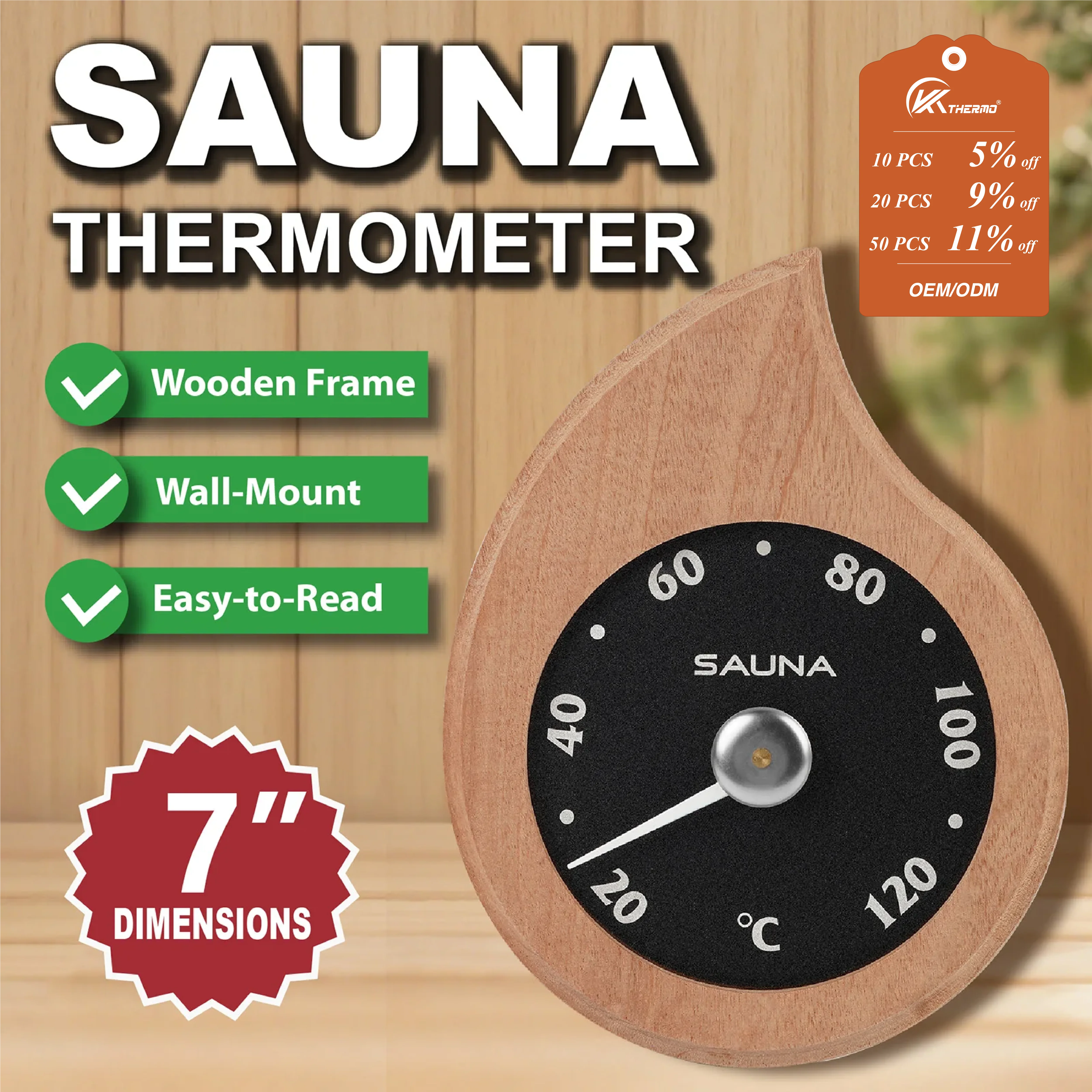 Home Bathroom Sauna - 7 Inch Wooden Sauna Thermometer 20-120°C