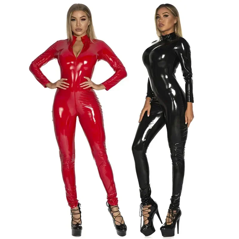 Sexy Hot Wet Look PVC Catsuit Shiny PU Leather Long Sleeve Two Way Zipper Open Crotch Bodysuit Tights Cosplay Conjoined