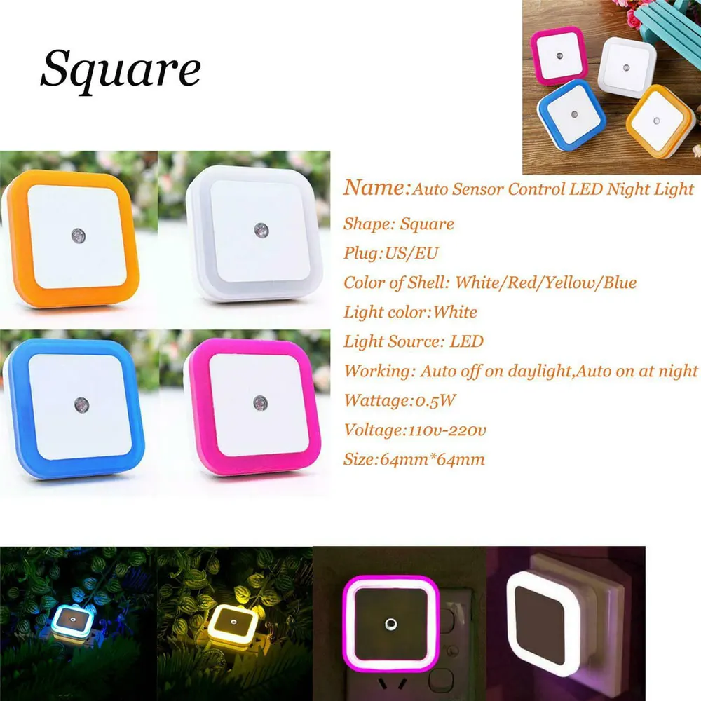 Mini LED Night Light EU/US Plug in Dusk to Dawn Sensor Wall Nights Lamp Square for Bedroom Hallway Stairs Corridor 110V 220V