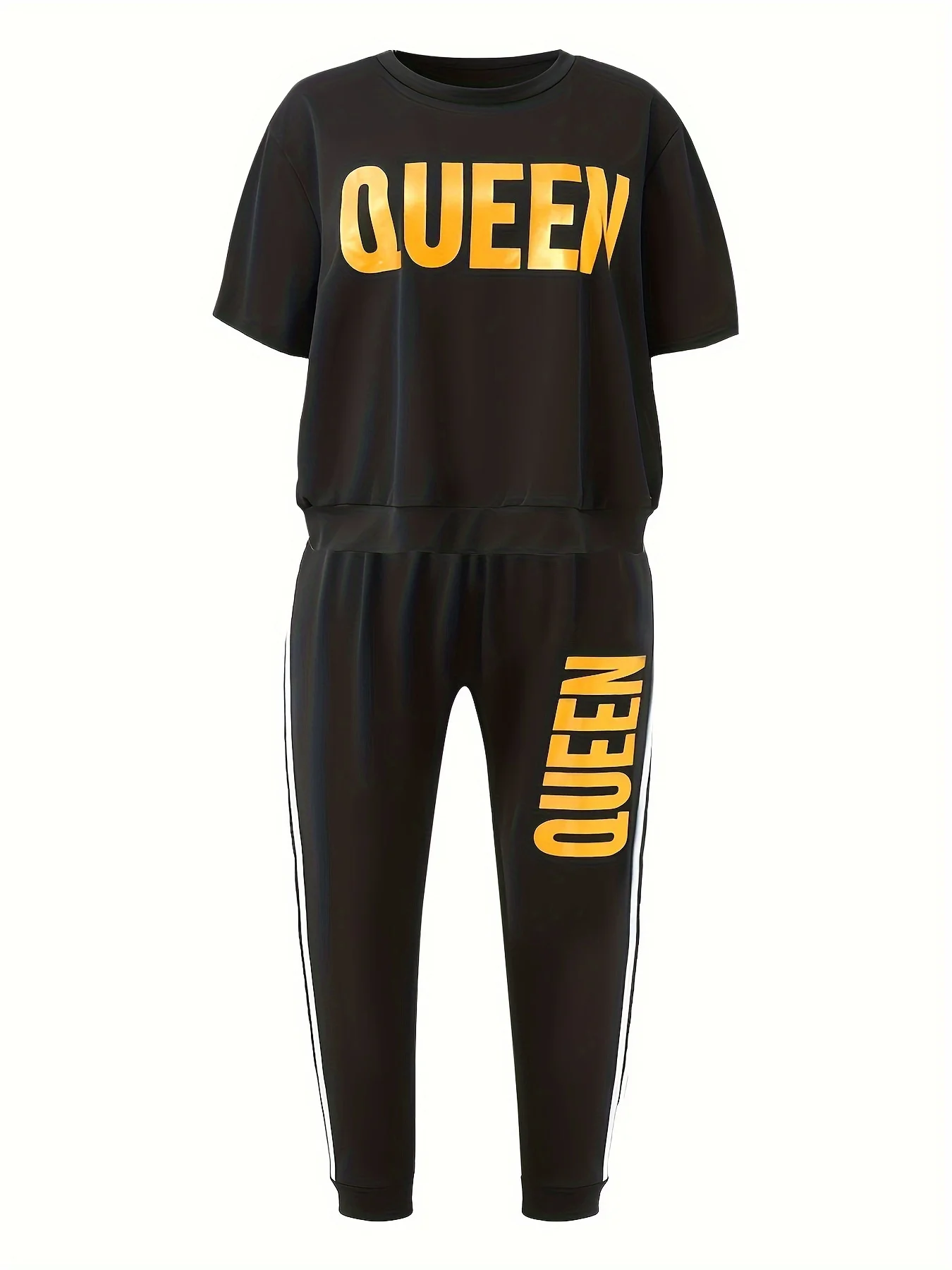 

Women's Plus Size "QUEEN" Print Two - Piece Outfit: Short Sleeve Top and Pants Set