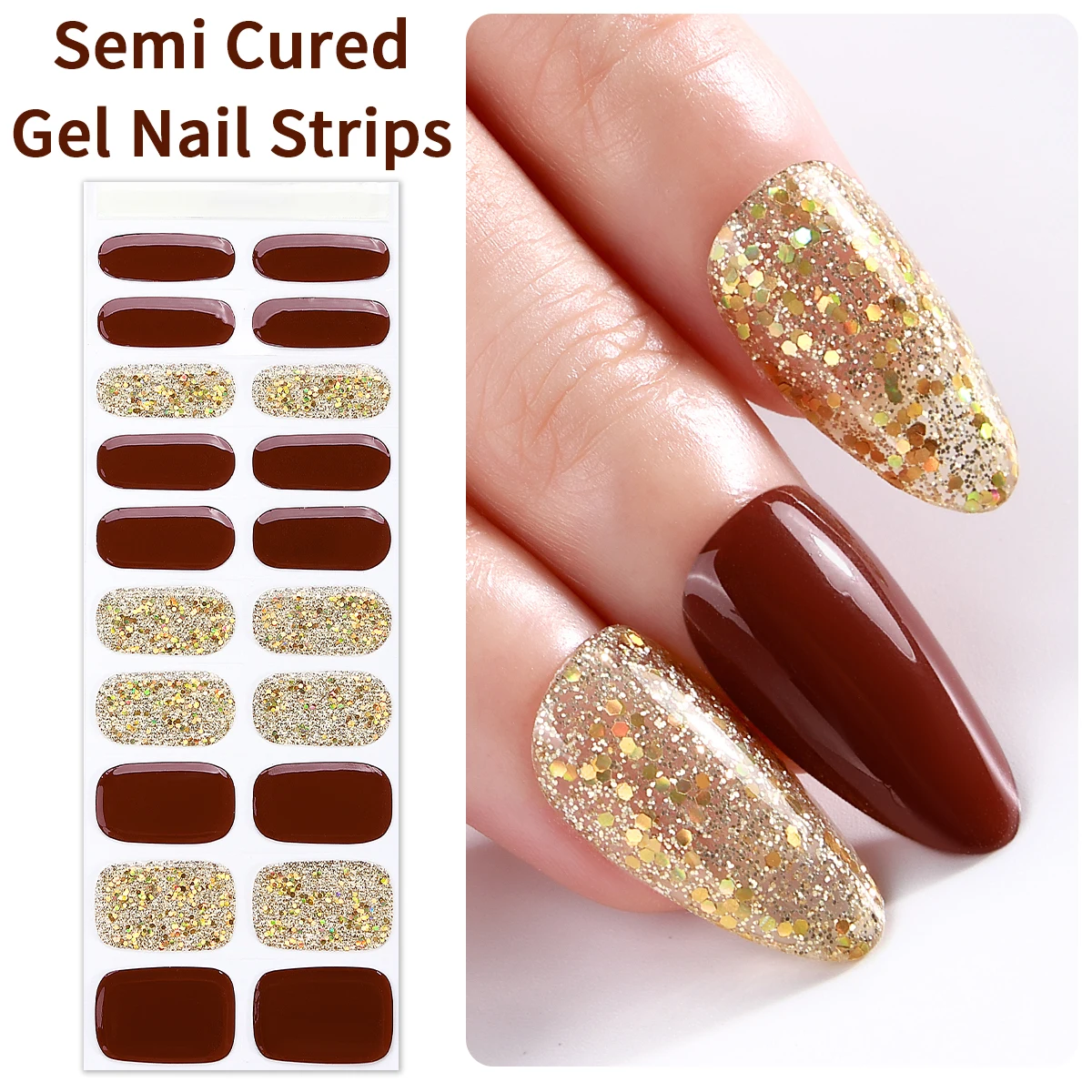 

20tips Glitter Semi-Cured Gel Nail Strips Sparkling Gold Foil Gel UV Nail Sticker Patch Sliders Long Lasting Full Cover Manicure