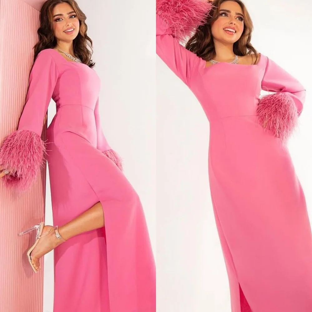 

Customized Exquisite Square Collar Long Sleeves Evening Dress High Quality Satin Prom Dresses Luxury Feathers Party Gowns