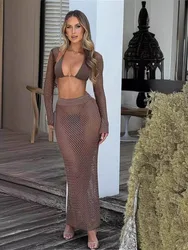 Hollow Out Knit Beach Skirts Sets Women Sexy Sheer Short Cardigan and Maxi Skirts Outfits Summer Bikini Cover Up Two Piece Sets