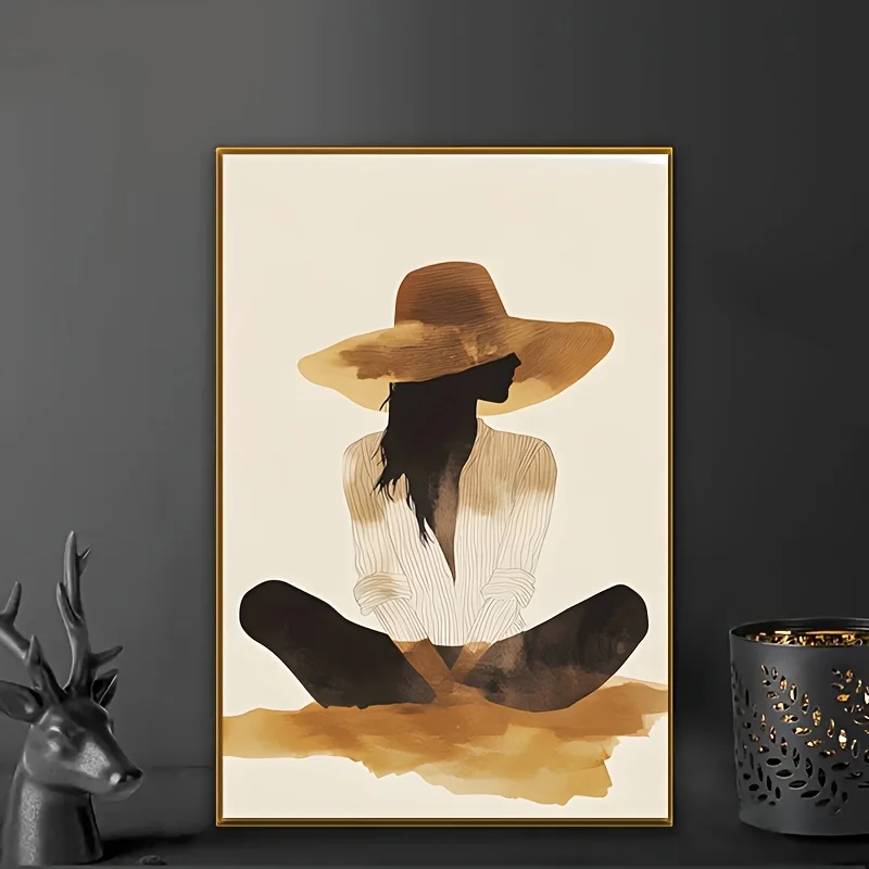 (No frame)2D Flat, 2D Flat, 2D Flat Canvas Painting 1pc Women Silhouette Canvas Art, Wearing Wide-Brimmed Straw Hat And Strip