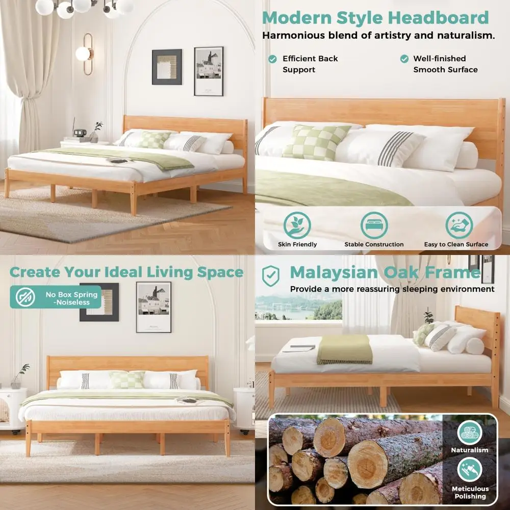 

Malaysian Oak King Bed with Storage and Modern Platform Headboard