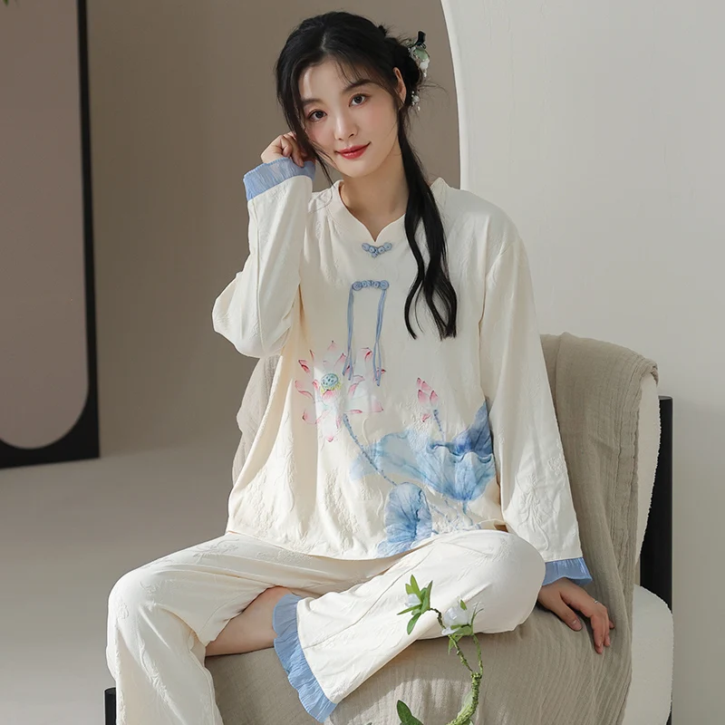 Autumn Cotton Women's Pajamas Set Print Women Sleepwear Long Sleeve Sweet Casual Soft Female Pyjamas M-XXL
