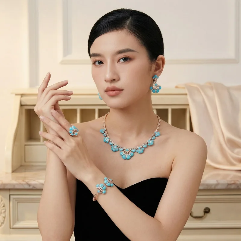 Designer Collection Style Ring Earrings Bracelet Necklace Inlay Cubic Zircon Pink Opal Malachite Turquoise Party Jewelry Set