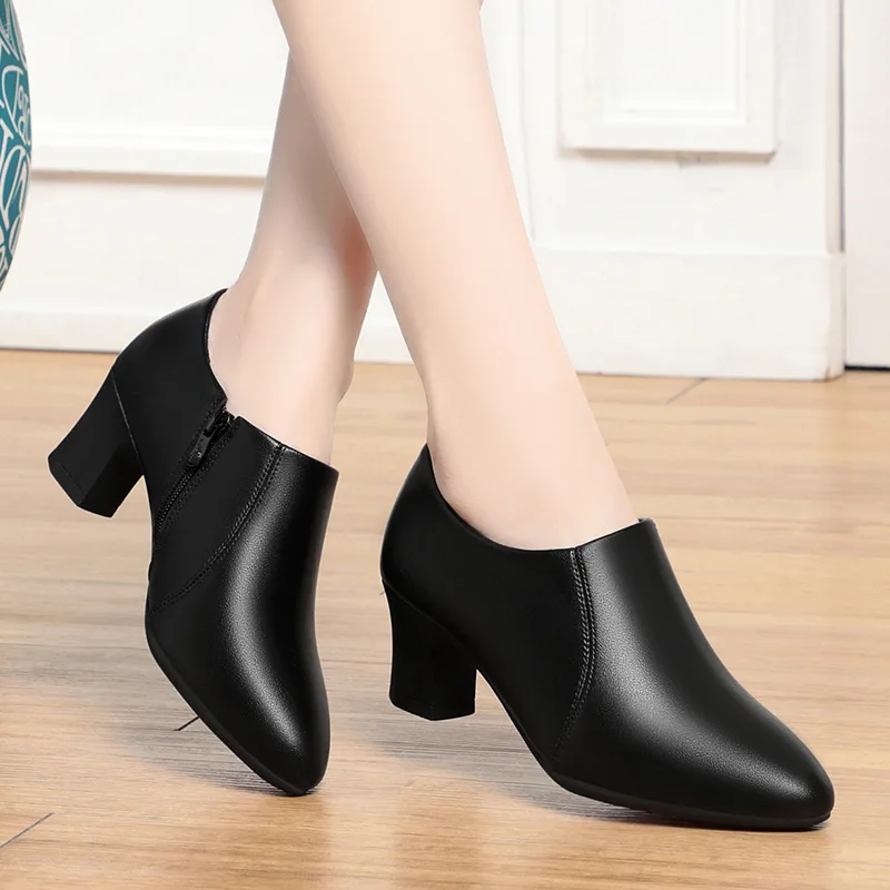 7cm Comfortable Fashion Soft Leather Shoes Women Pumps Fall 2025 Med Block Heels Shoes Gladiator for Office Mom Work