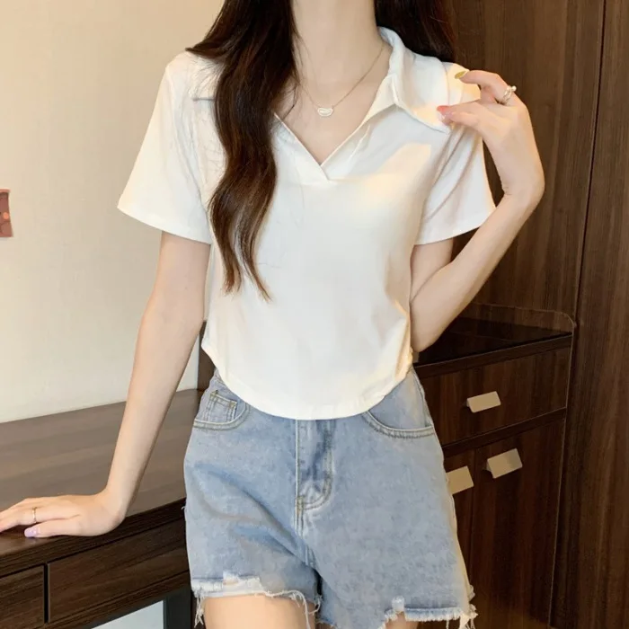 

Women's Short-sleeved T-shirt Solid Color Shoulder Top Quality Thread Cotton Large Size Summer Collar Curved Slim-fit Y2k Traf