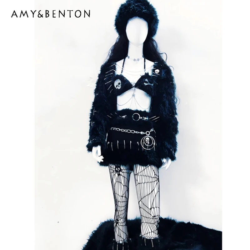 

2025 Autumn Winter New Original Design Furry Women's Coat Gothic Dark Sweet Cool Hot Girl Splicing Short Skirts Suits Ladies