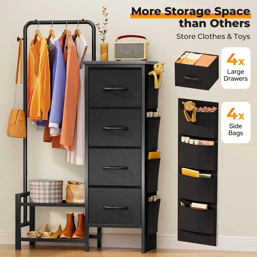 Cómoda con estante colgante, 4 cajones, 4 bolsas laterales, cómoda de tela con estantes inferiores, 52 perchero alto para mujer