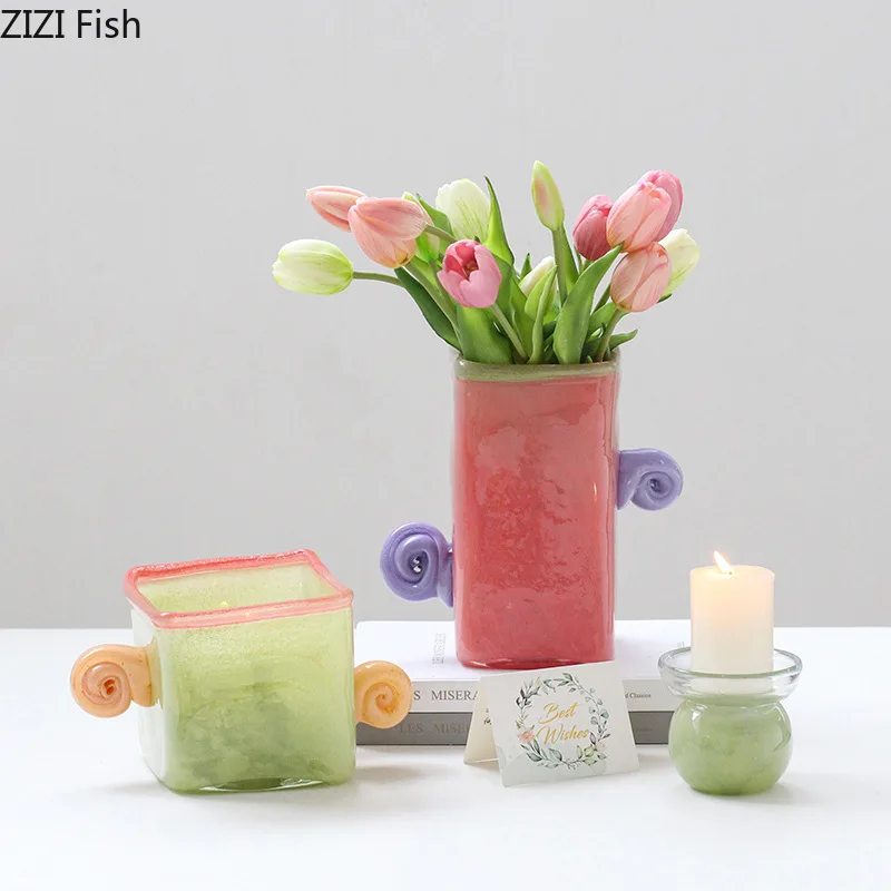 Double Eared Square Glass Vase Candy Colored Flower Utensils Hydroponic Vase Flower Arrangement Flowers Vessels Decorative Vases