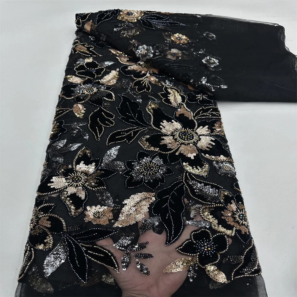 Tessuto di pizzo tulle africano 2025 tessuto di paillettes netto francese cucito ricamo con perline pizzo tulle maglia abito nigeriano 5 metri