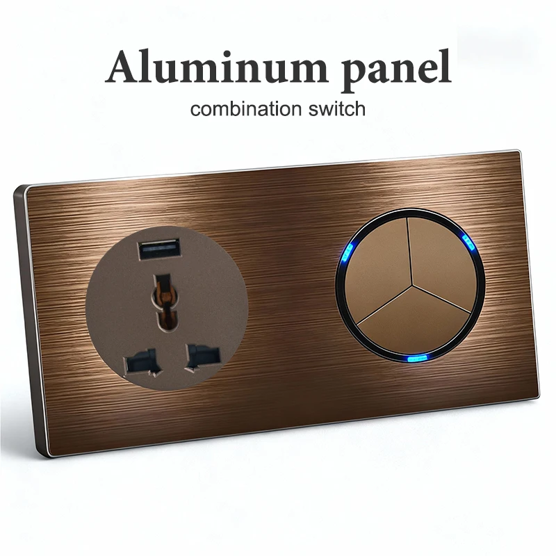 Coffee Color Aluminum Brushed Wall Switch & Socket Panel, 1/2/3/4/5 Gang Integrated Design, Modern Metal Home Electrical Series