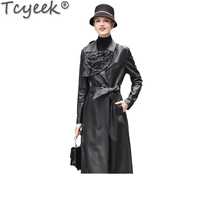 Tcyeek jaqueta de couro real das mulheres casacos de pele carneiro genuíno primavera outono roupas longo trench coat para mulher cinto jaqueta de couro