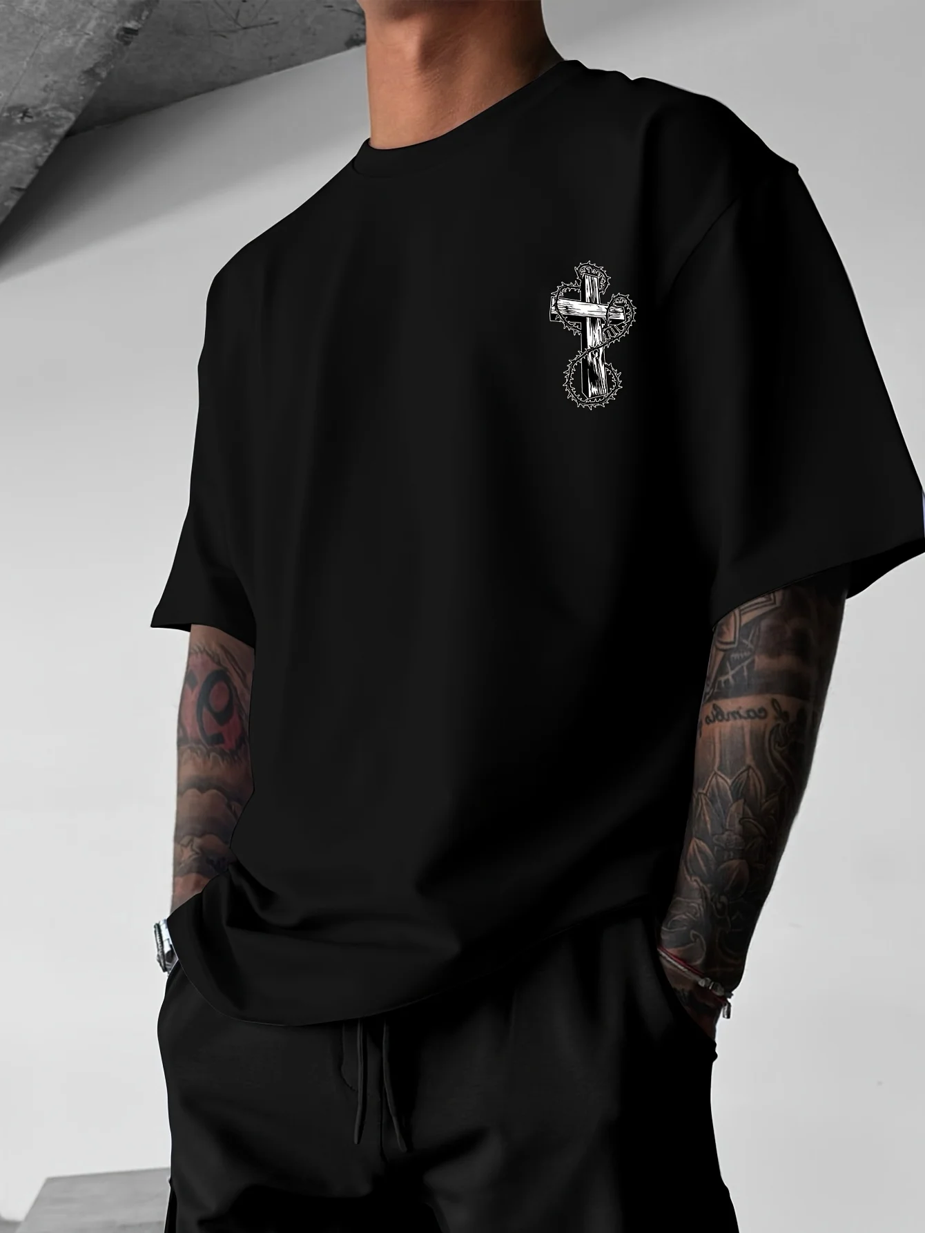 Men's Summer 100% Cotton Fashionable Casual Loose Sports Winged Cross Design Print Round Neck Short Sleeve T-shirt Top