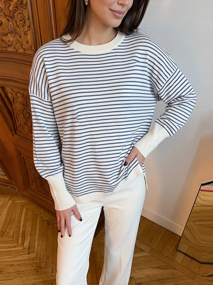 Striped Contrast Crew Neck Drop Shoulder Long Sleeve Rib Cuff Knit Pullover Sweater Women Chic Casual Daily Commute Top