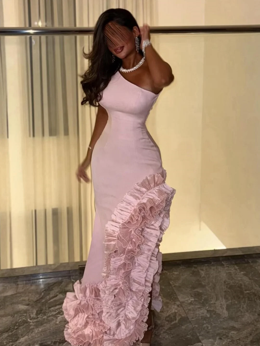 Customized Mermaid Sleeveless Prom Dresses One Shoulder Pleated Ruffles Floor Length Temperament Evening Dresses