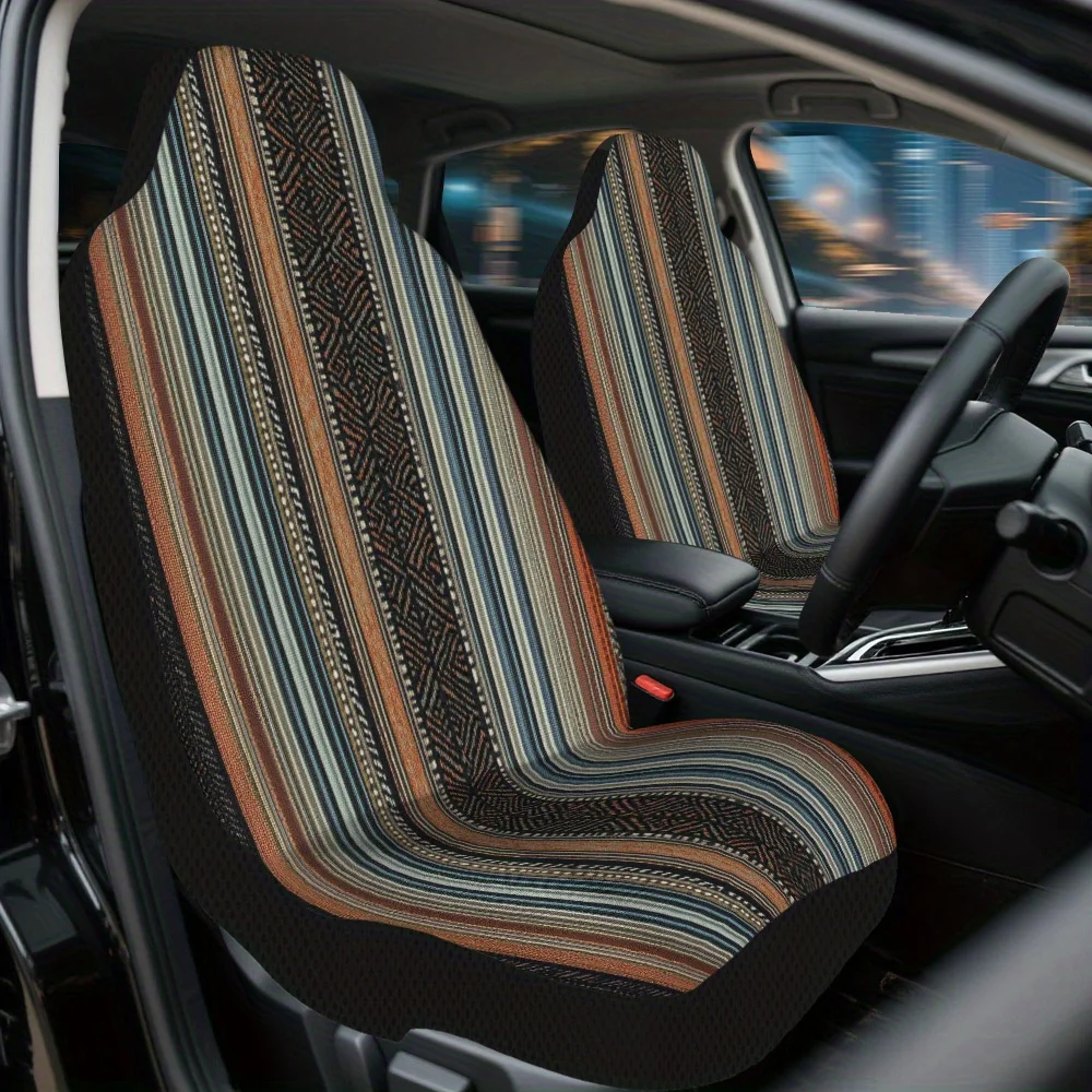 2pcs Colorful Geometric Stripes Car Seat Covers - Fit For Cars, SUVs & Sedans, Easy Install, Durable Polyester, Enhance Comfort,
