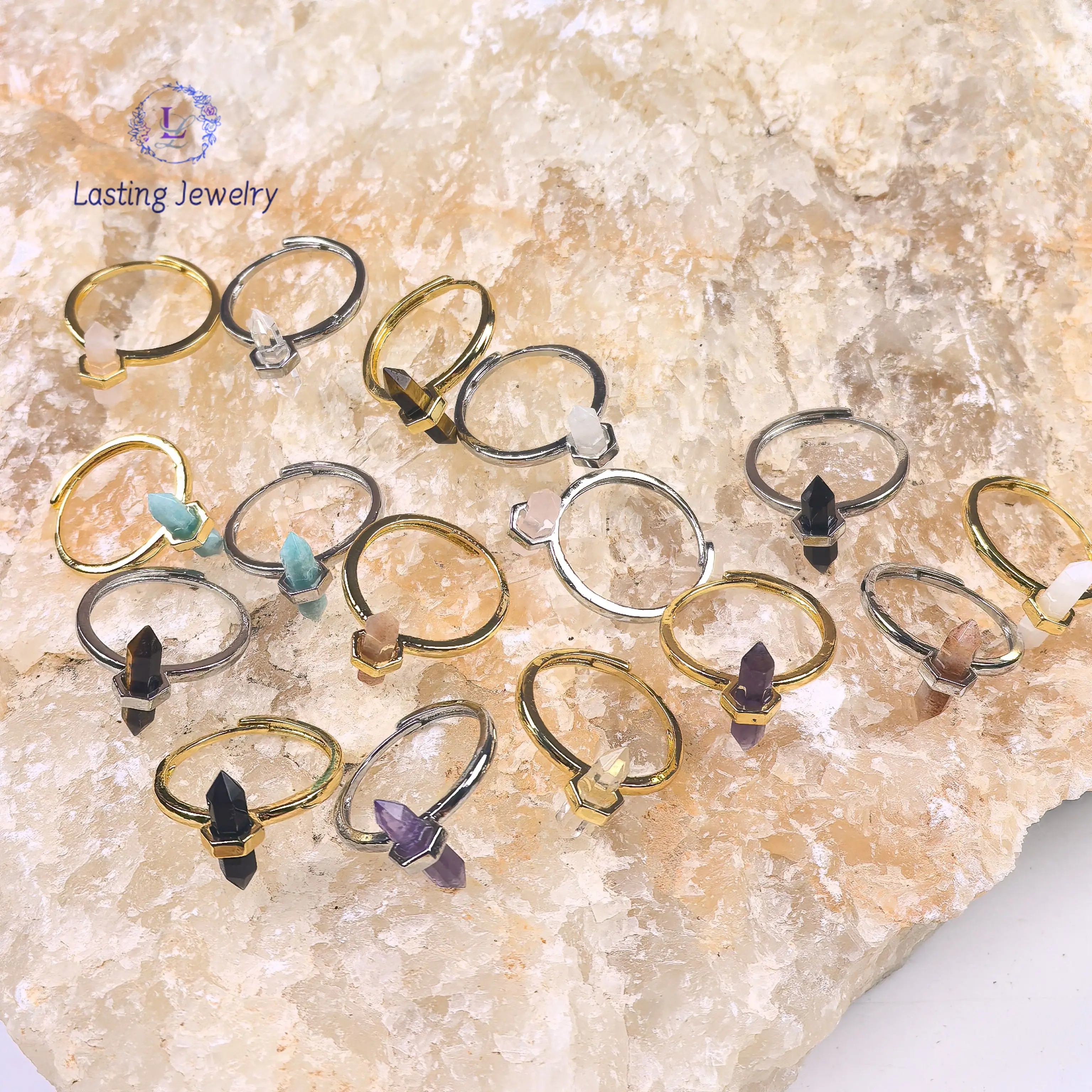 

Natural Crystal Double Point Adjustable Rings,Faceted Hexagonal Amazonite Amethyst Quartz Tiger eye Finger Ring Fashion Jewelry